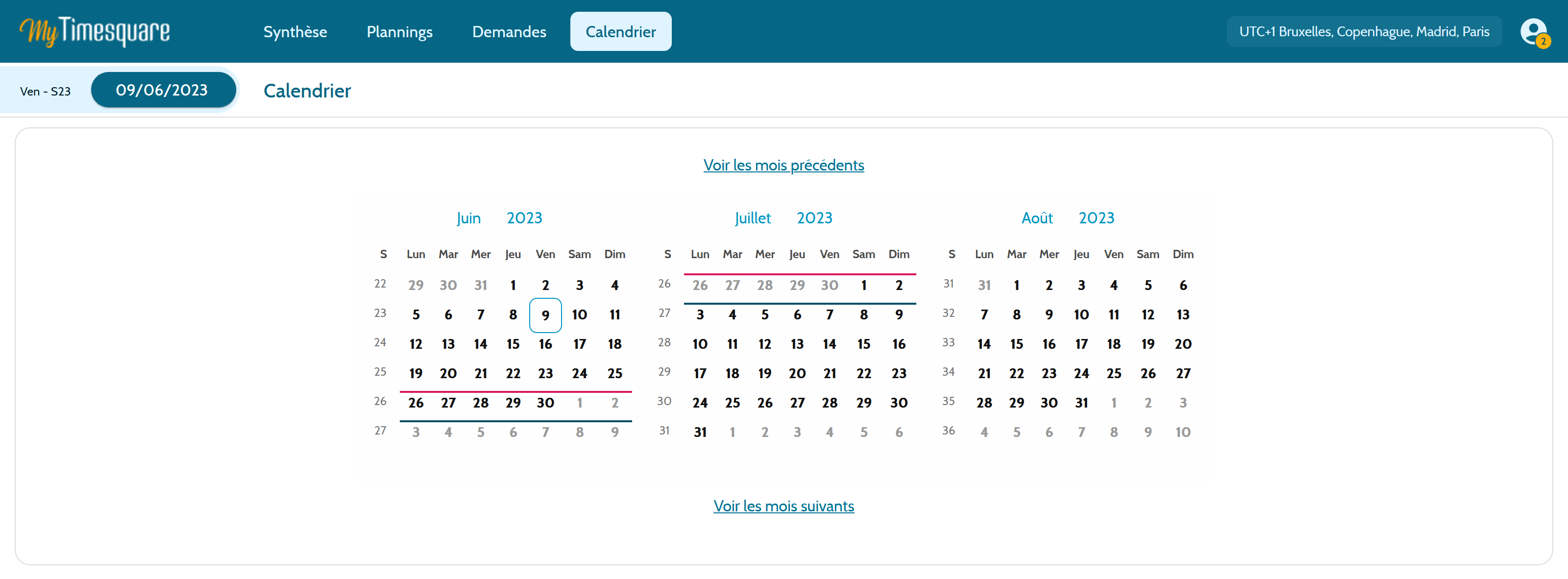 Calendrier du responsable / gestionnaire Timesquare Académie Mon centre d'aide